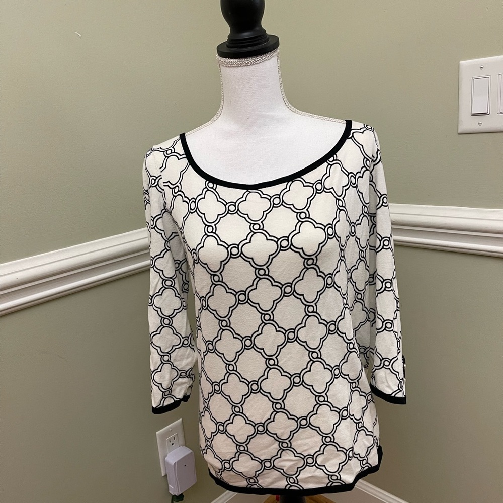 Talbots Size X Ivory 3/4 Slv Cotton Blend Geometric Lightweight Pullover Sweater